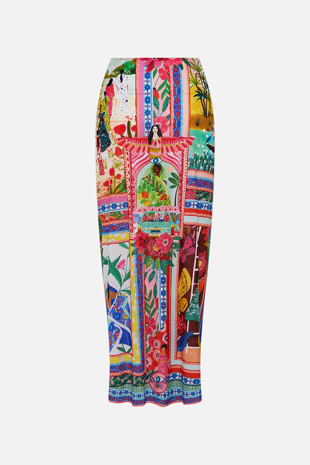 CAMILLA in Layered Long Sarong With Front Tie in Roeqiyas Realm print. 