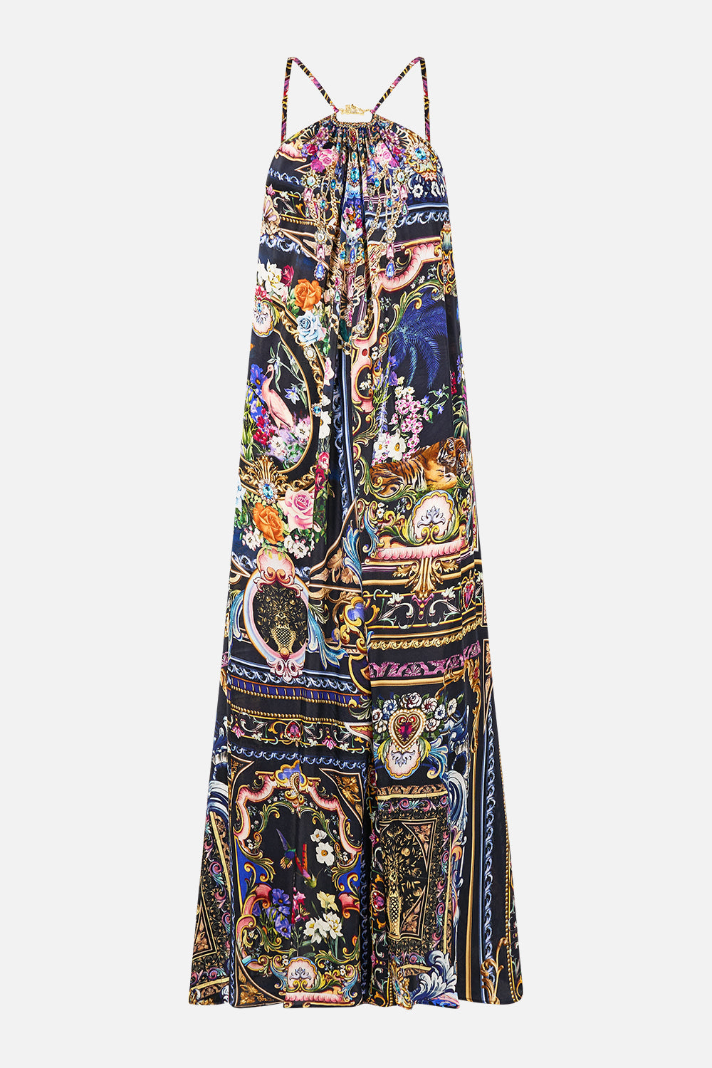 The CAMILLA Gather Neck Hardware Maxi Dress in our Basked In Baroque print.