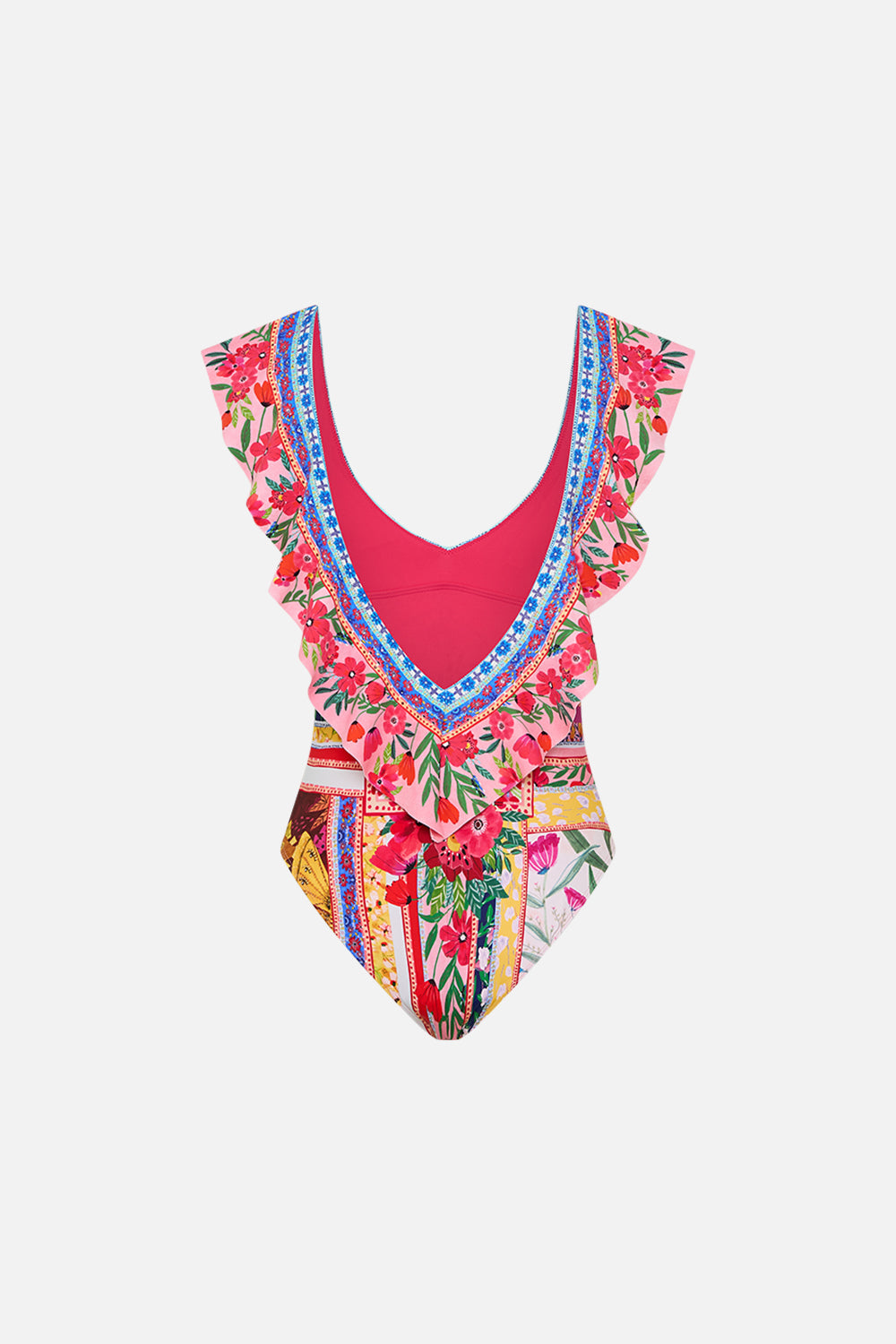 CAMILLA Deep V Frill One Piece in Roeqiyas Realm print. 