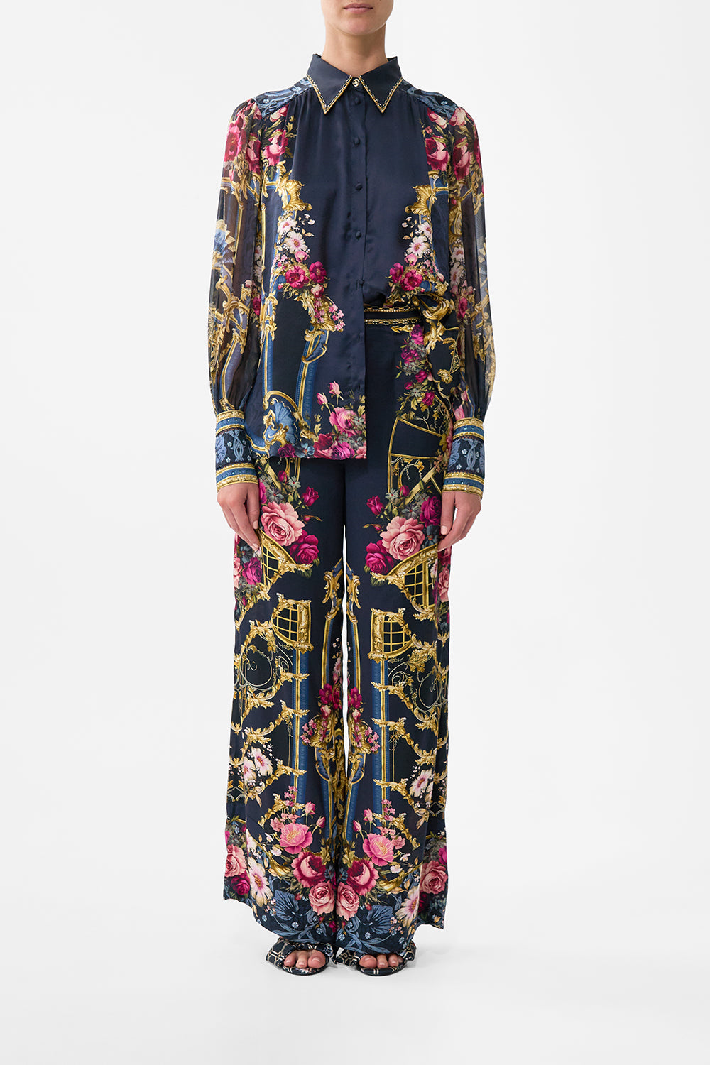 The CAMILLA Button Through Blouson Sleeve Blouse in our Ornate On A Plate print.