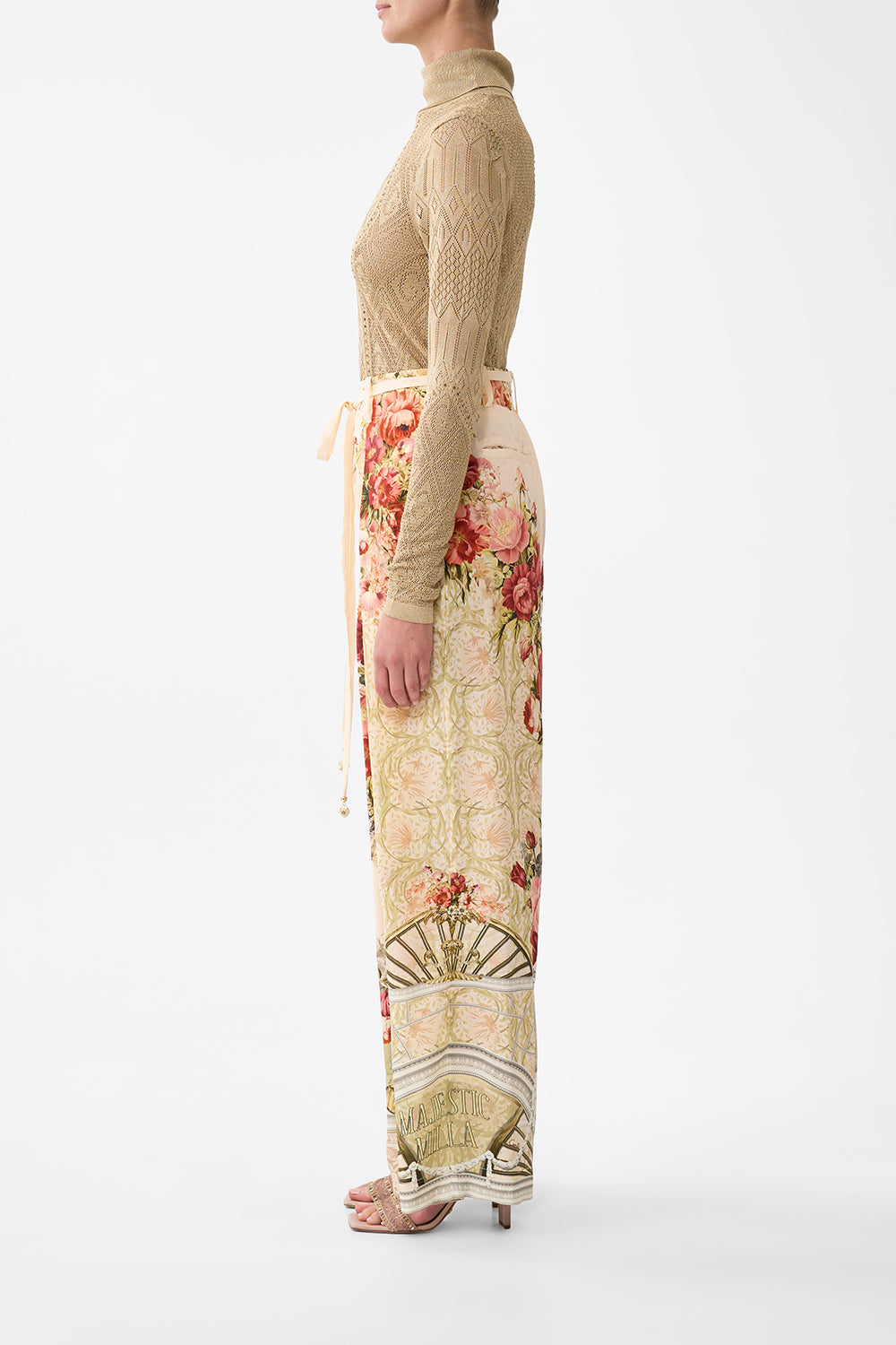 The CAMILLA Fitted Pointelle Turtle Neck Knit in our Ornate On A Plate print.