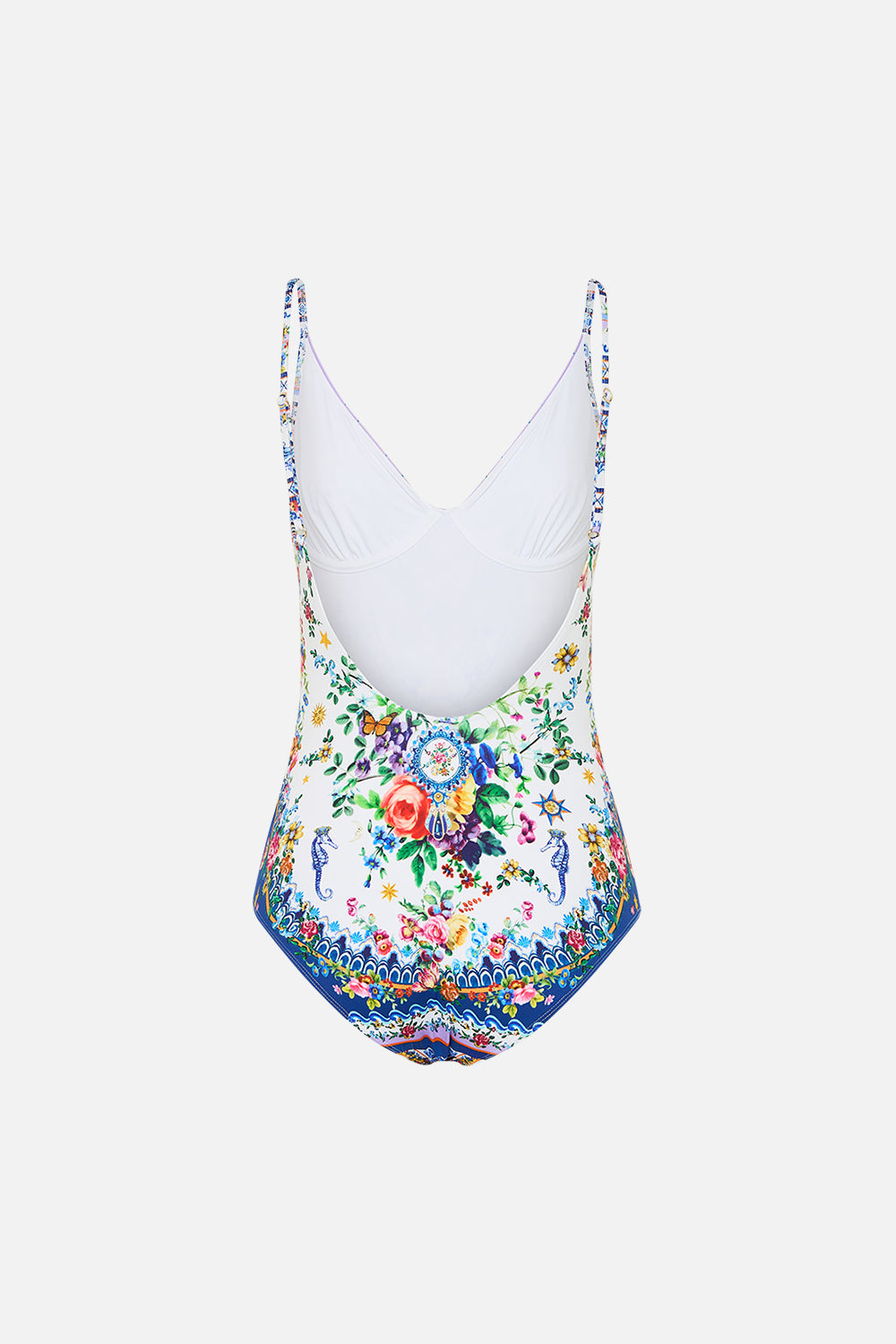 The CAMILLA HALTERNECK JUMPSUIT WITH TIE NECK FOLK AFLOAT in our  print.