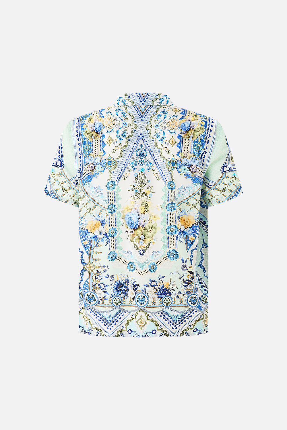 The CAMILLA RUFFLE HEM HALTER SHORT DRESS THE BOSPHOROUS in our  print.