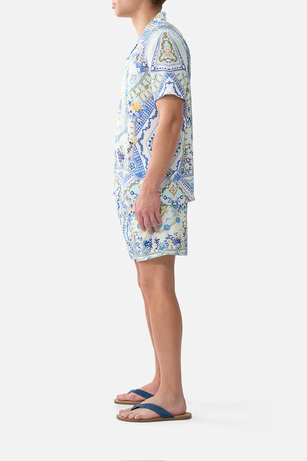 The CAMILLA RUFFLE HEM HALTER SHORT DRESS THE BOSPHOROUS in our  print.