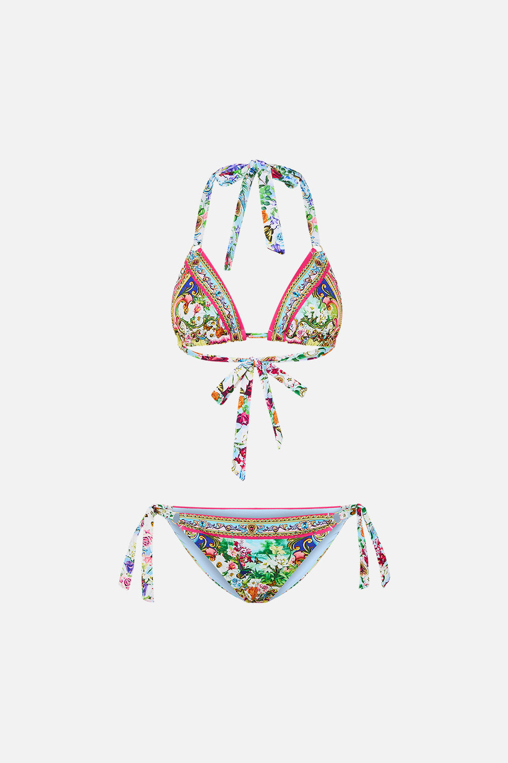 The CAMILLA Tri Bikini Set With Tie Sides And Ring Trims in our Spirit Of Santa Maria print.