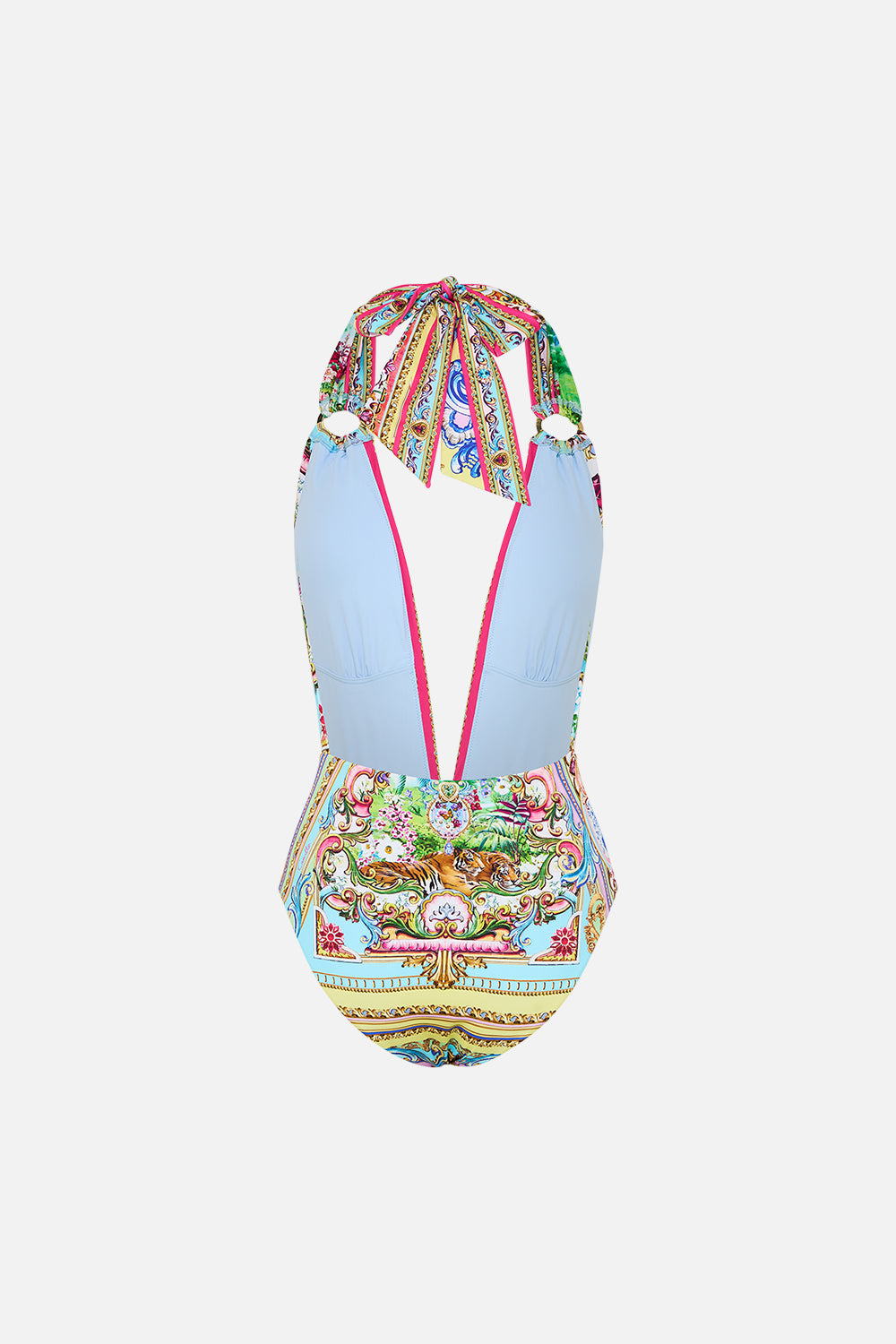 The CAMILLA Plunge Backless Halter One Piece W Ring Ties in our Spirit Of Santa Maria print.