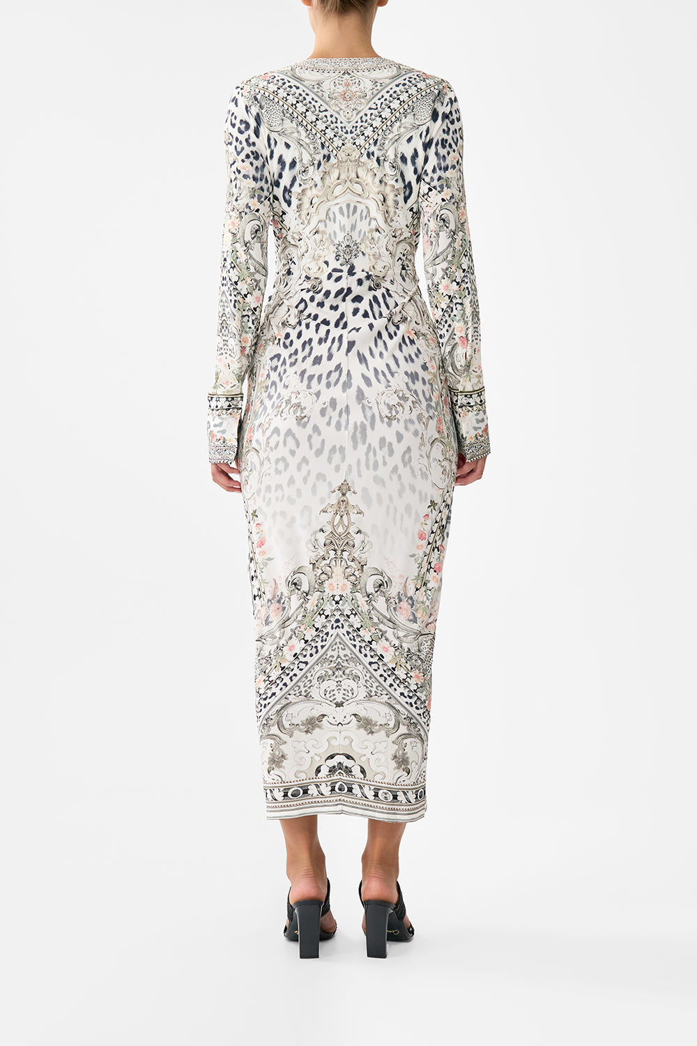 The CAMILLA Long V Neck Twist Front Jersey Dress in our Marble Heaven print.