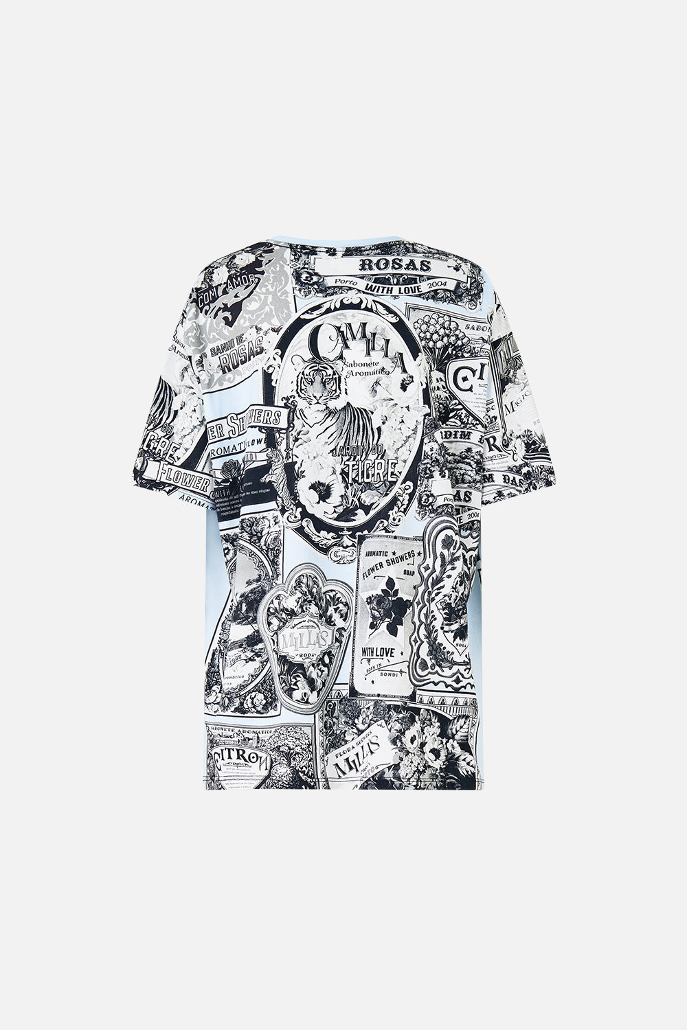 The CAMILLA Oversized Band Tee - Blue/Blk in our Perfumed In Porto print.