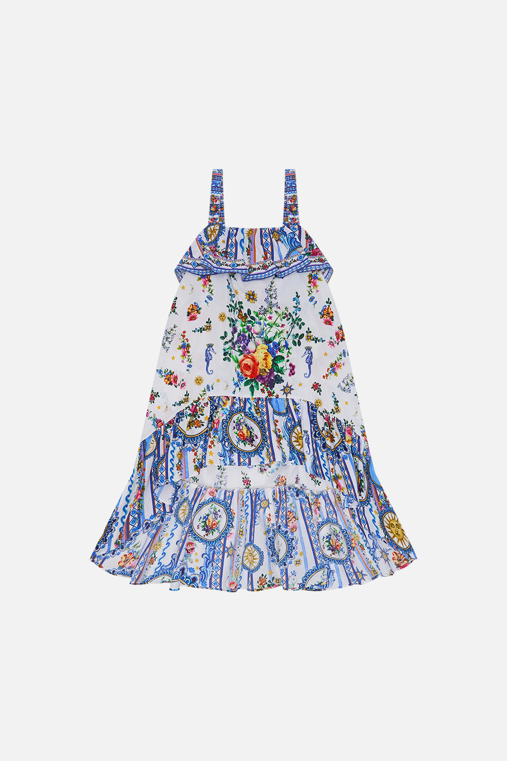 The CAMILLA Kids Wide Strap High Low Dress W Frills 4-10 in our Tiles Darls print.