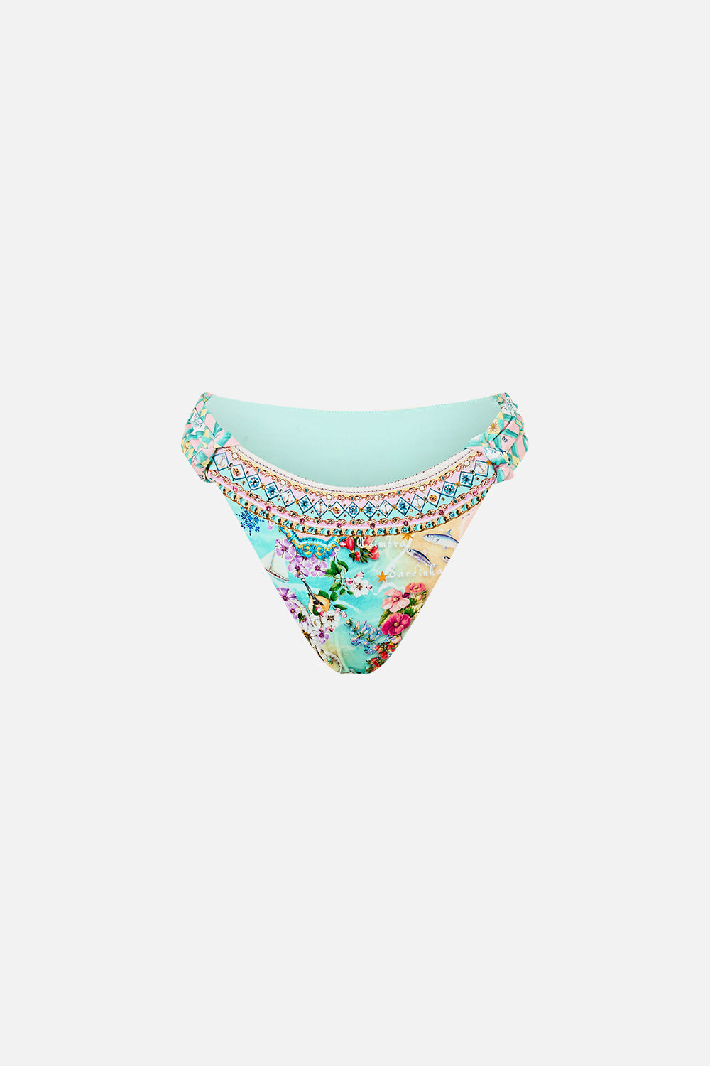The CAMILLA Regular Bikini Bottom With Ruched Knot Sides in our Just Coasting print.