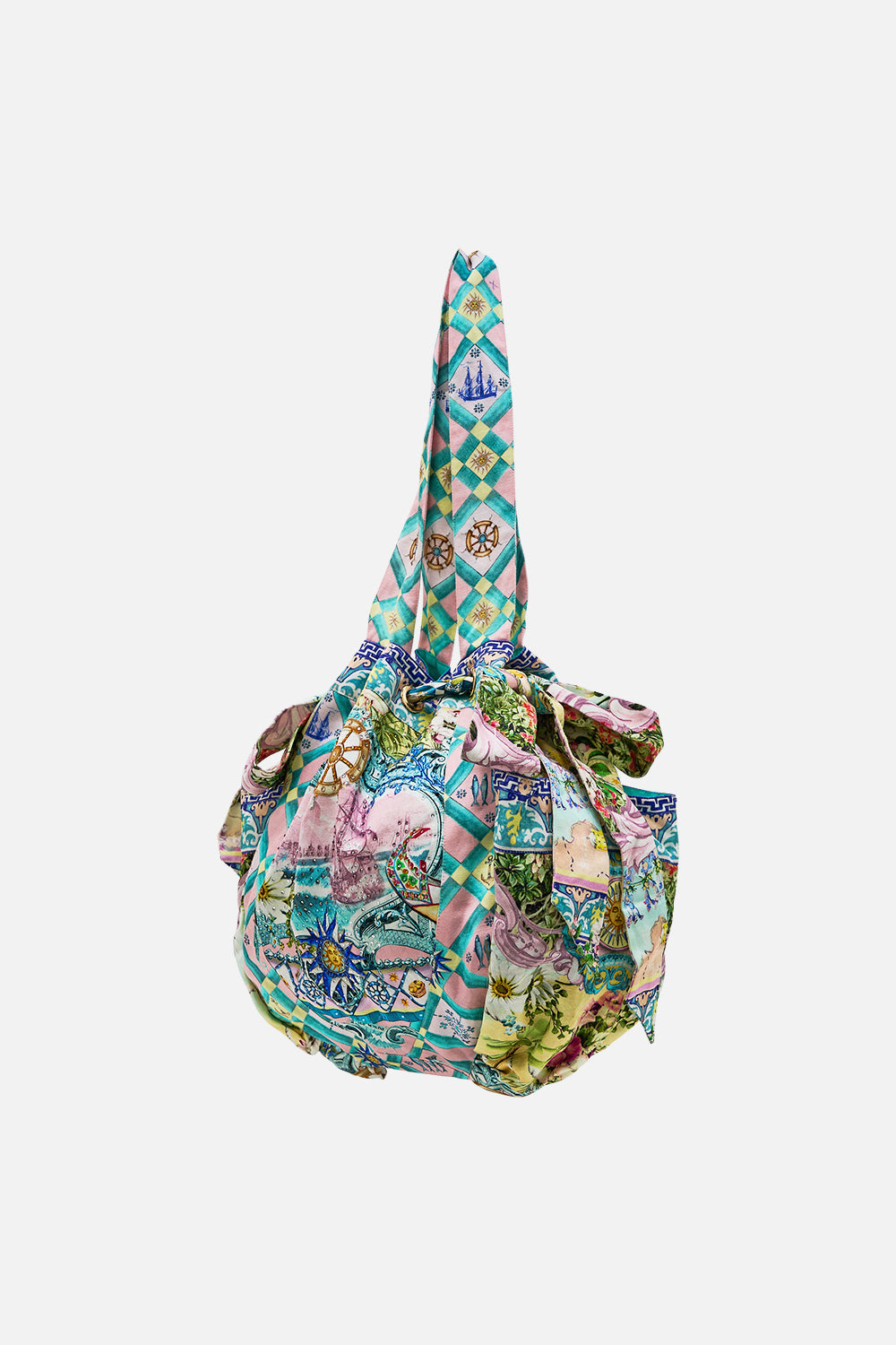 The CAMILLA Drawstring Bow Beach Bag in our Just Coasting print.