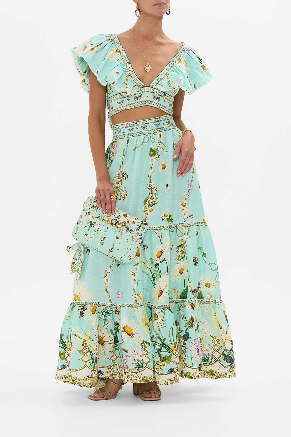 The CAMILLA FLARED SLEEVE DRESS TILED IN TIME in our  print.