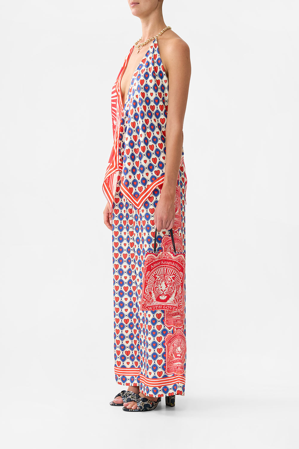 The CAMILLA LONG DRESS WITH TIE FRONT PLUMES AND PARTERRES in our  print.