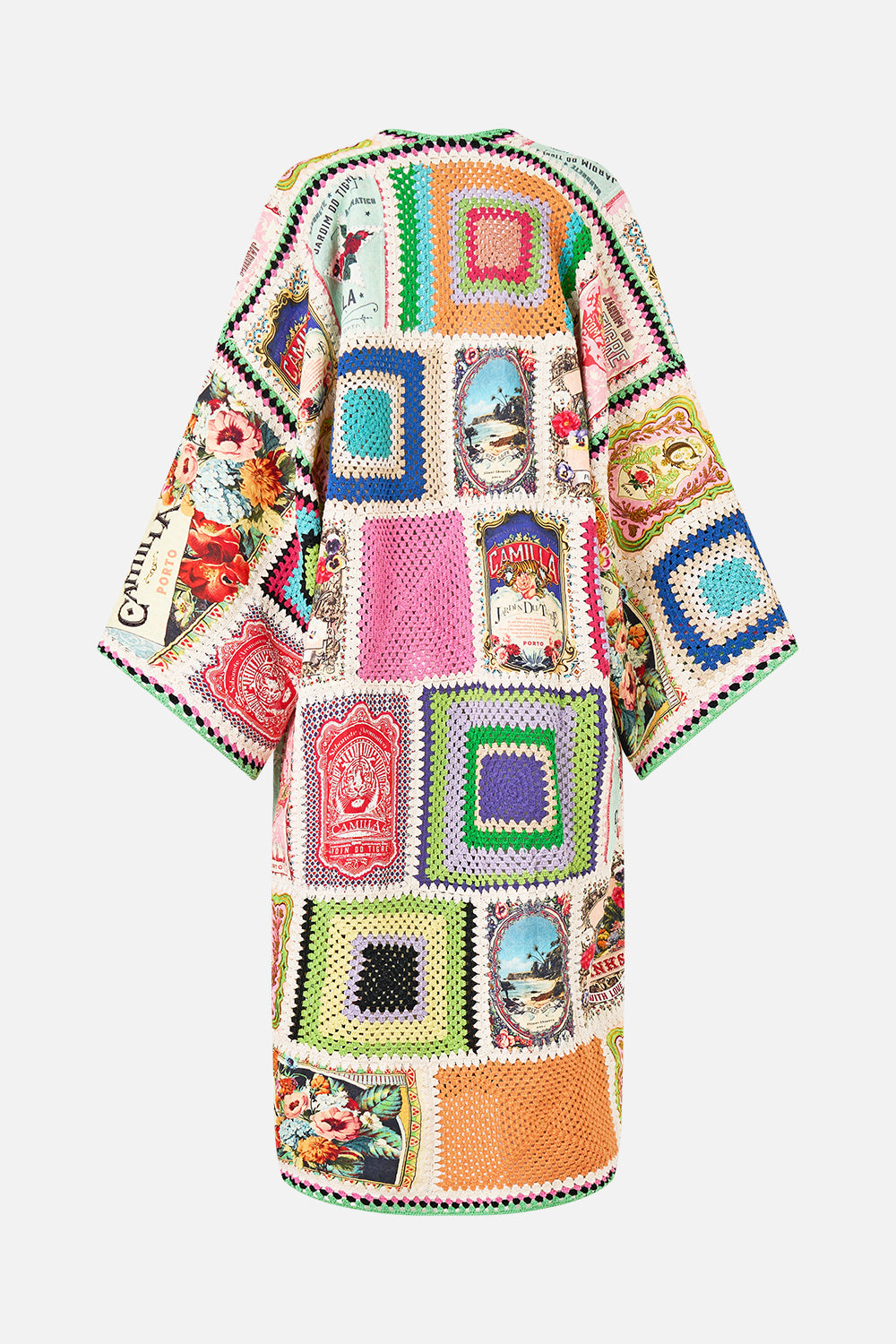 The CAMILLA Crochet Patched Kimono Coat in our Soap Opera print.