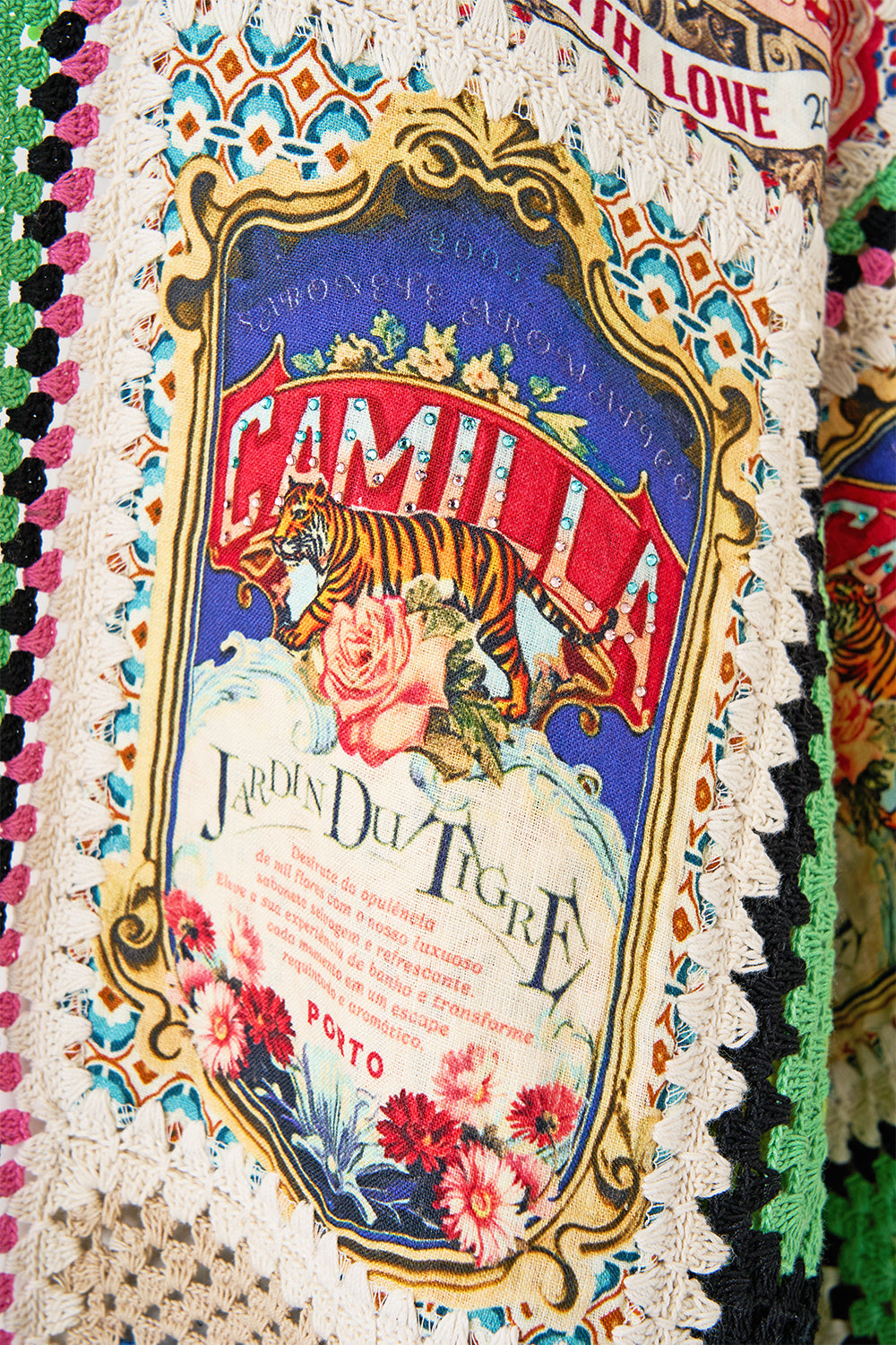 The CAMILLA Crochet Patched Kimono Coat in our Soap Opera print.