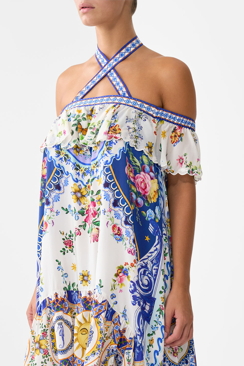 The CAMILLA Off Shoulder Shaped Hem Dress in our Tiles Darls print.
