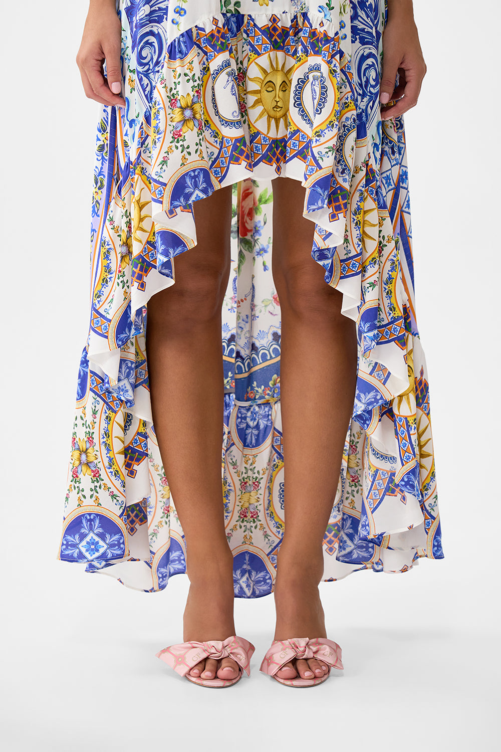The CAMILLA Off Shoulder Shaped Hem Dress in our Tiles Darls print.