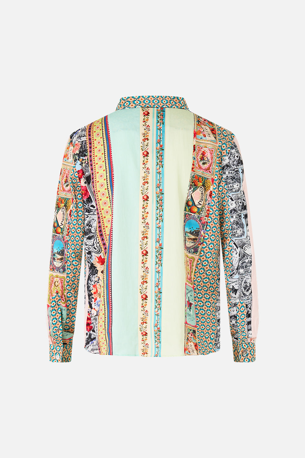 The CAMILLA Long Sleeve Patchwork Stripe Collared Shirt in our Soap Opera print.