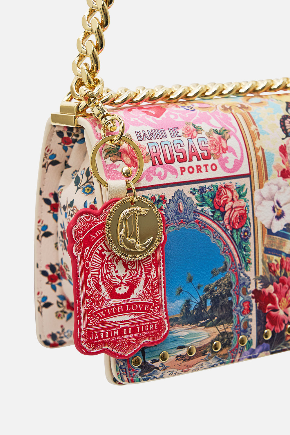 The CAMILLA Crossbody Box Bag With Chain And Keyring in our Aromatic Tiger Flower print.