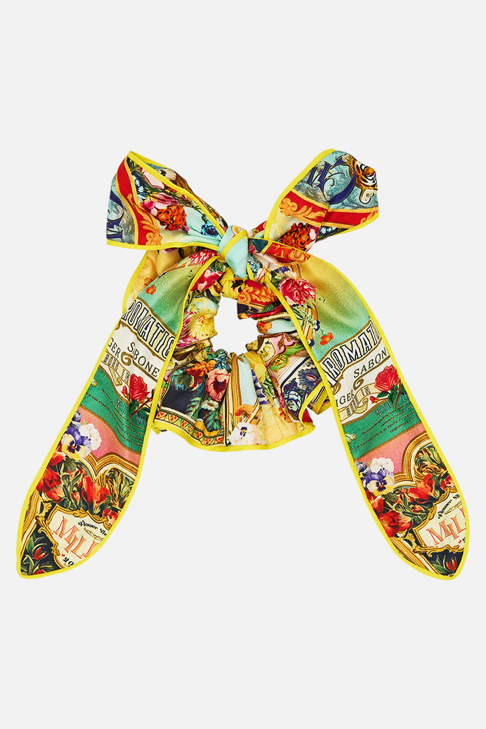 The CAMILLA Scrunchie With Bow in our Aromatic Tiger Flower print.