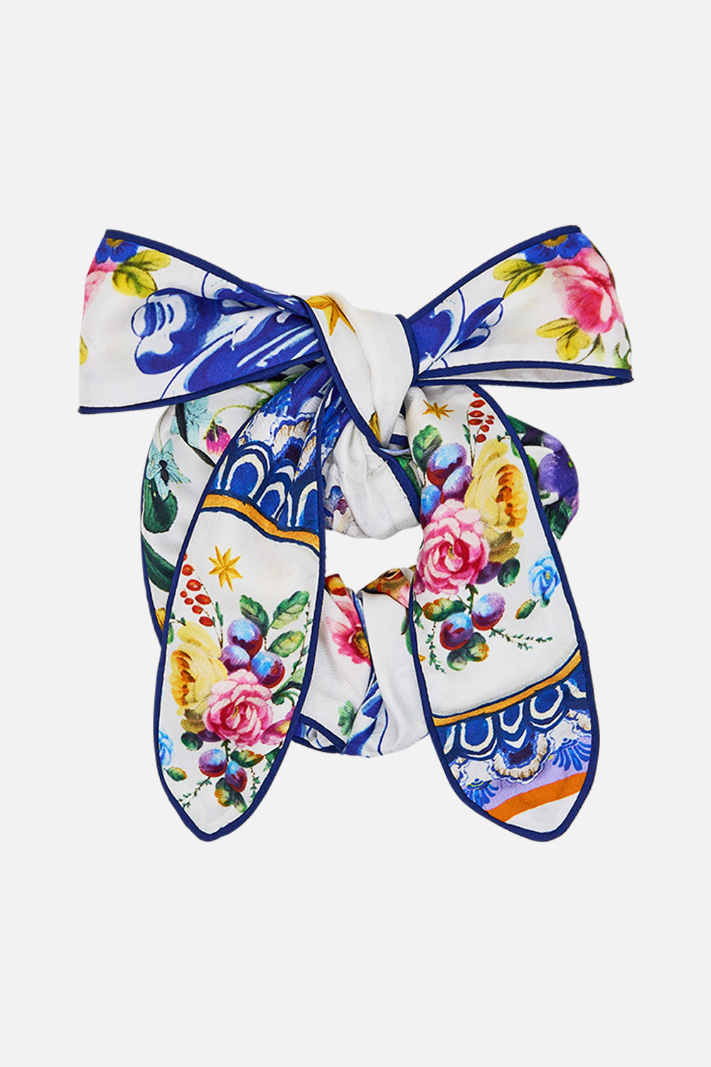 The CAMILLA Scrunchie With Bow in our Tiles Darls print.