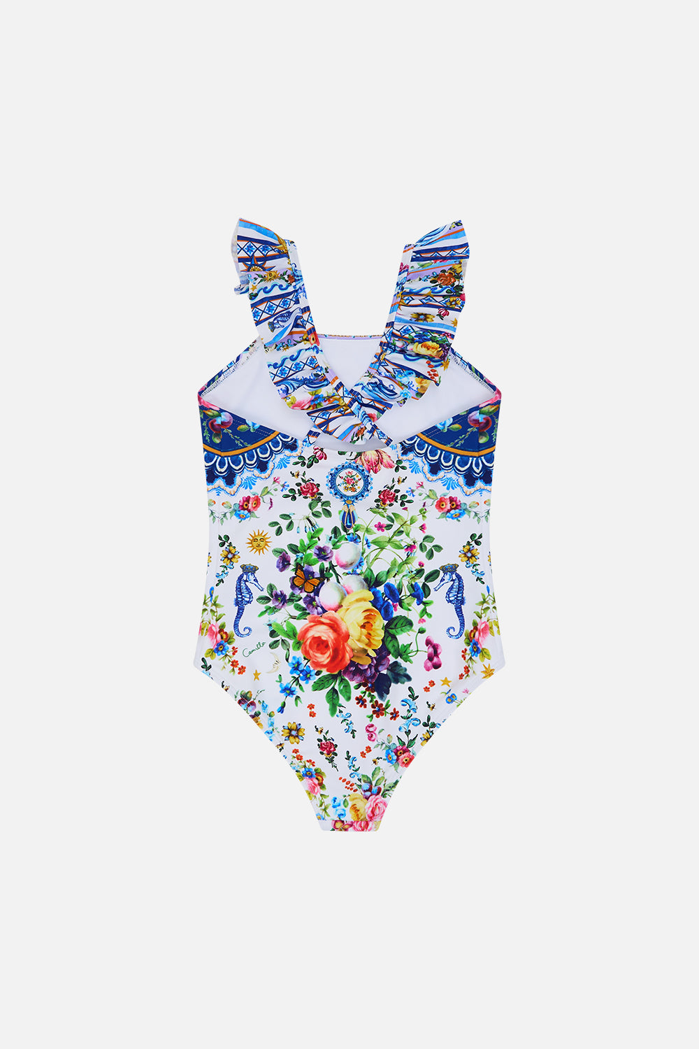 The CAMILLA Kids Straight Neck One Piece W Frill 12-14 in our Tiles Darls print.