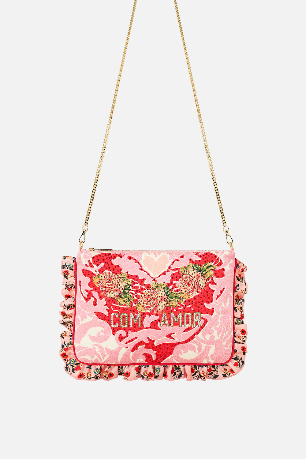 The CAMILLA Frill Edge Crossbody Bag With Chain Strap in our Pink Porto print.