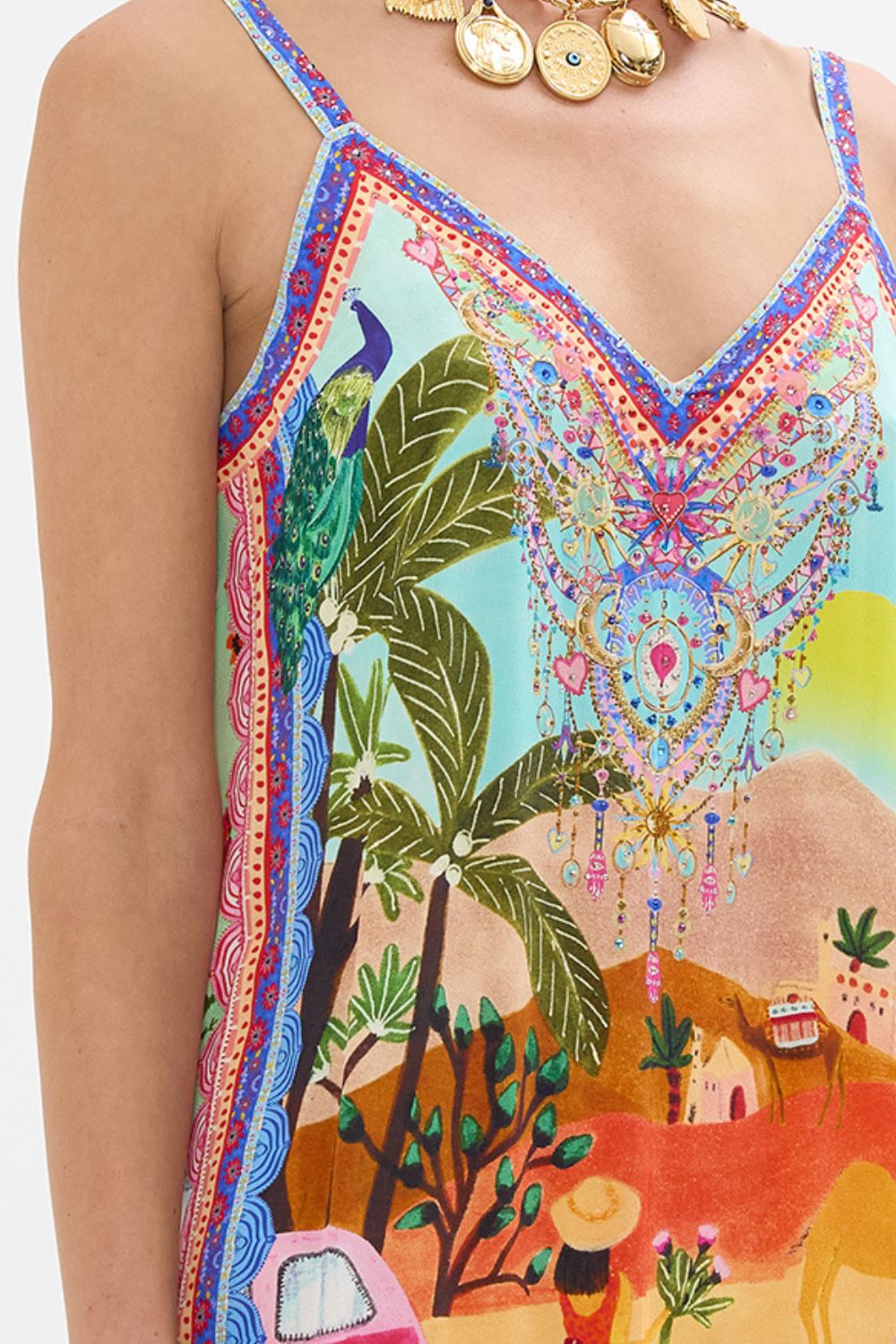 CAMILLA V Neck Midi Slip Dress in Queens of Creation print. 