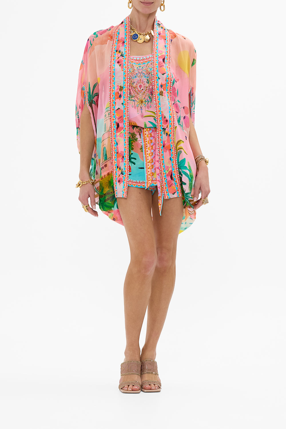 CAMILLA Open Front Cardi Cape in Sister Sunset print