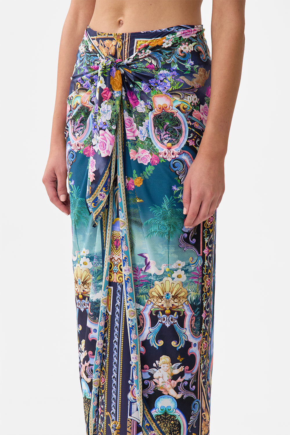 The CAMILLA Layered Maxi Skirt With Tie Front in our Basked In Baroque print.