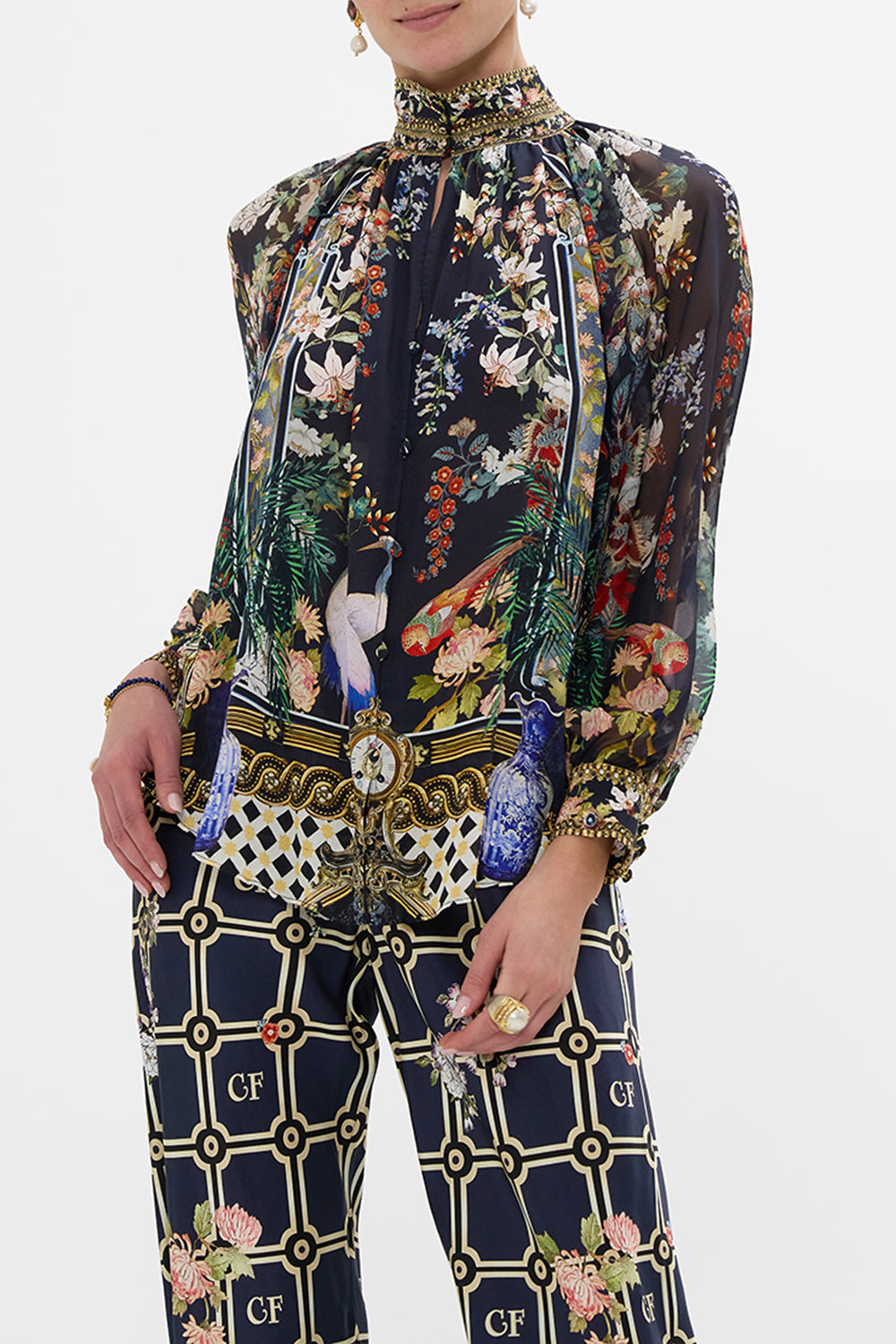 The CAMILLA FRILL SLEEVE LONG DRESS VENUS ON A VESPA in our  print.