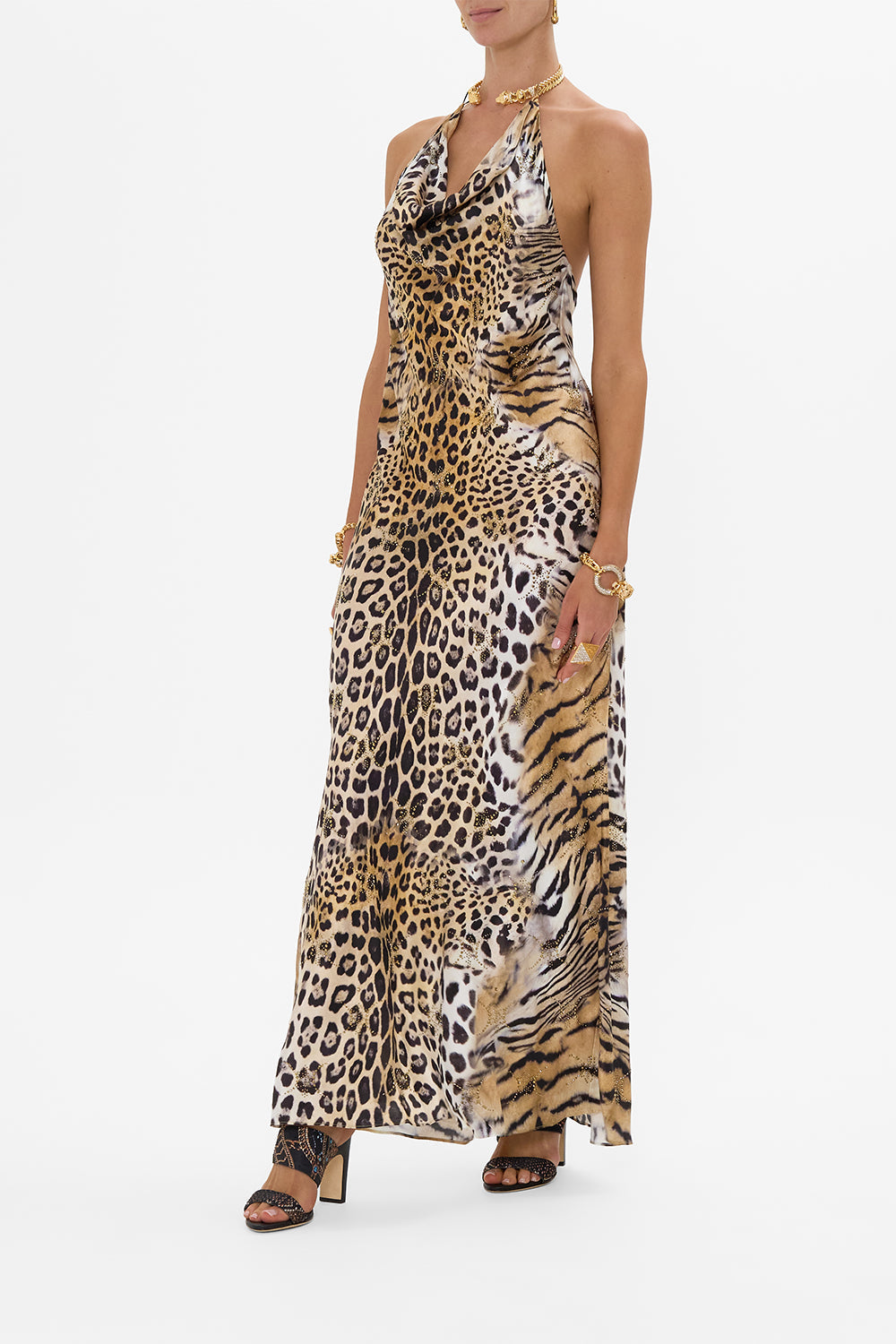 DRAPED LONG DRESS WITH NECKPIECE JAGUAR