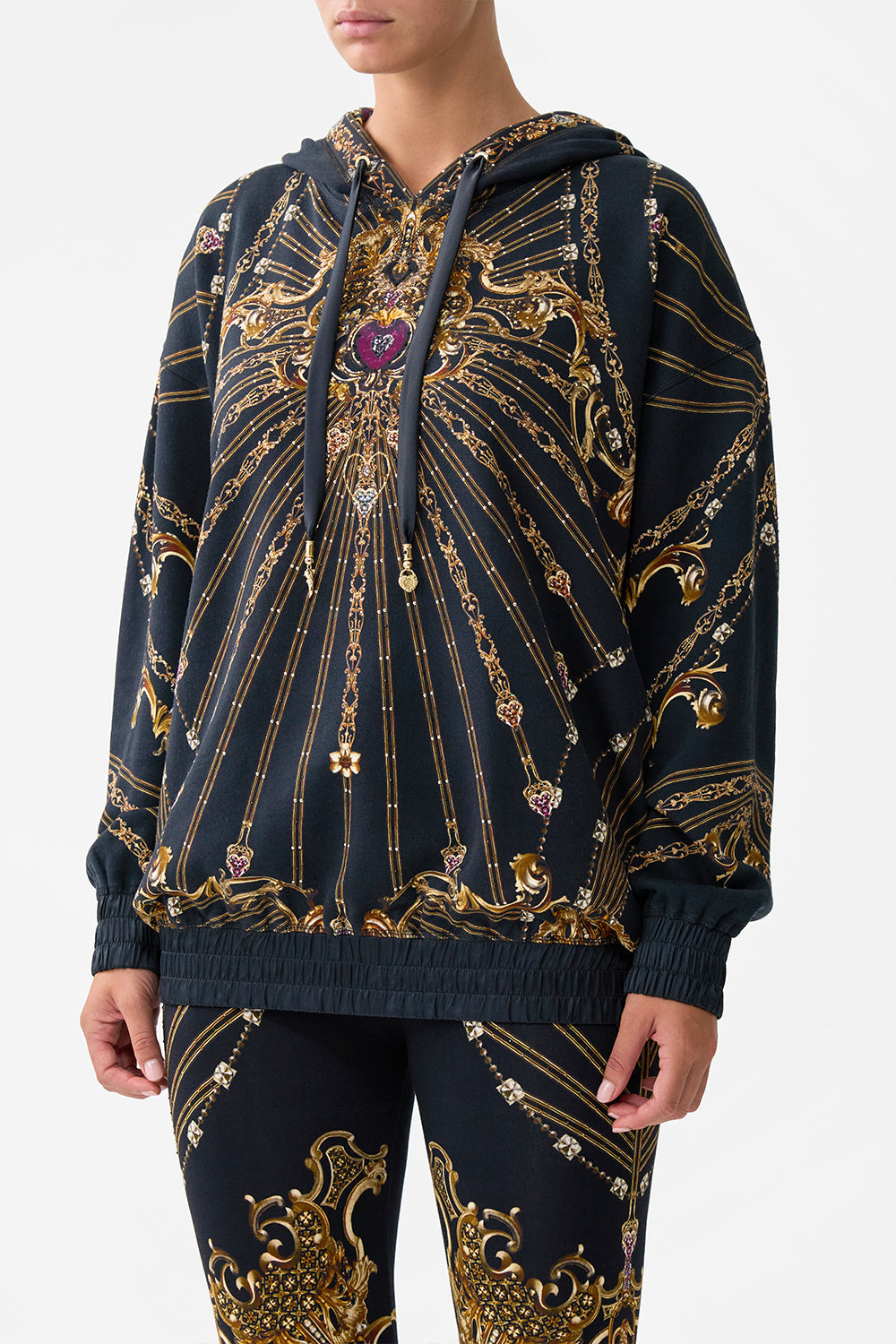 The CAMILLA SHIRRED WAIST PANT DOMINICAN DECADENCE in our  print.