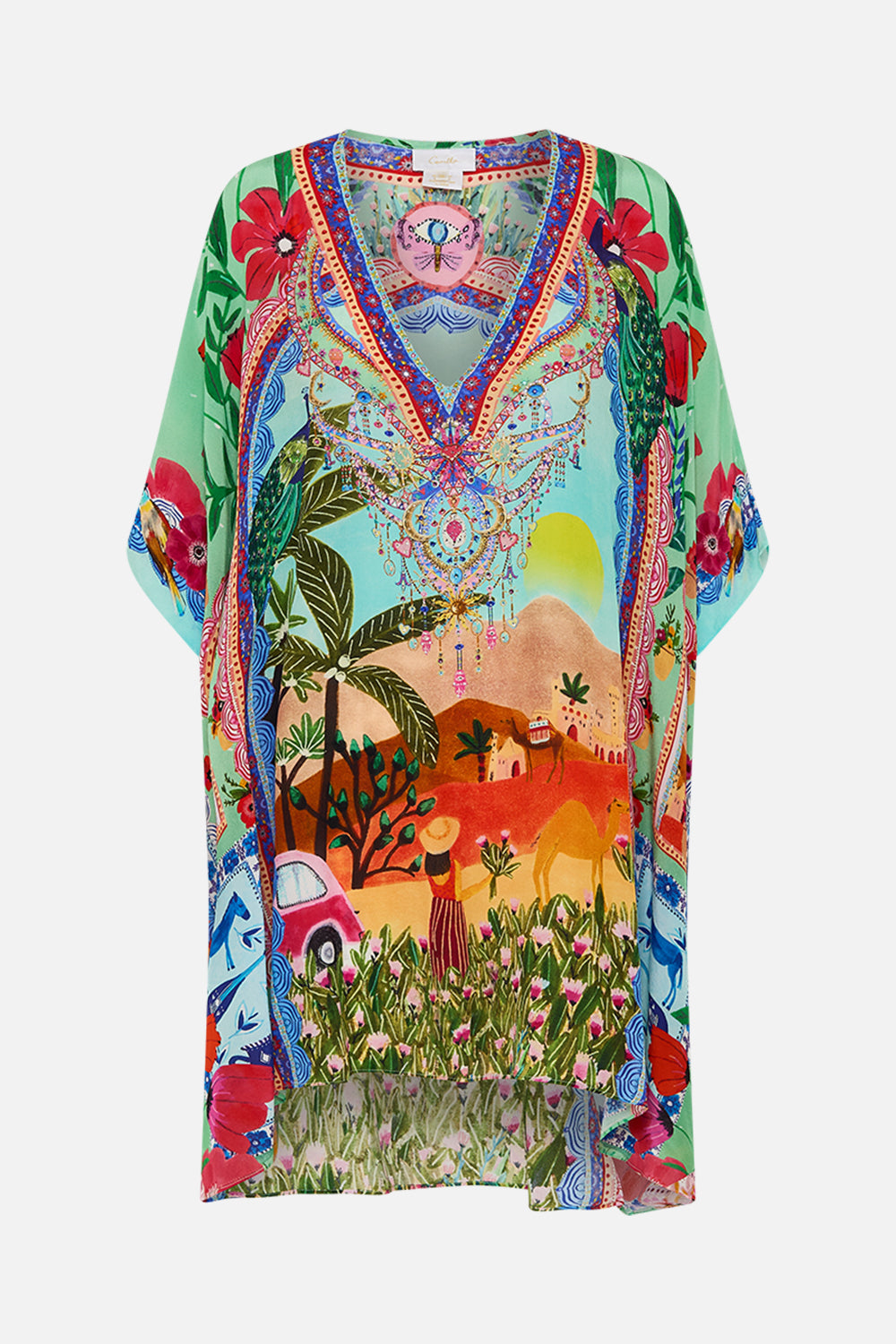 CAMILLA Rectangular v neck kaftan in Queens of Creation print. 