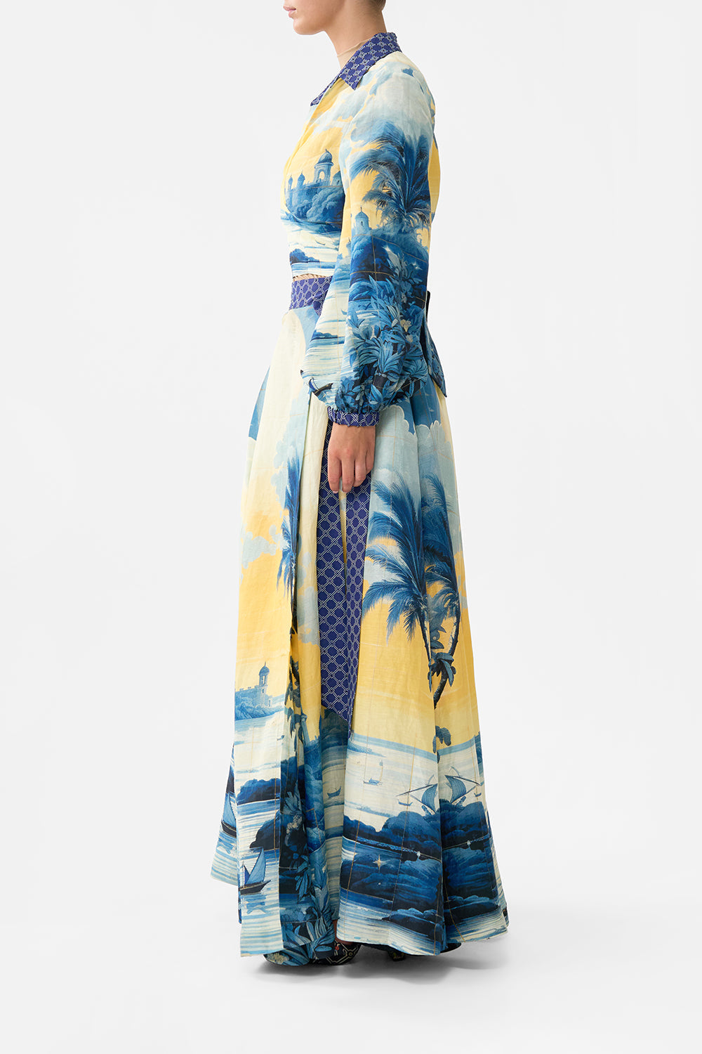 The CAMILLA BUTTON FRONT T-SHAPE KAFTAN DOMINICAN DECADENCE in our  print.