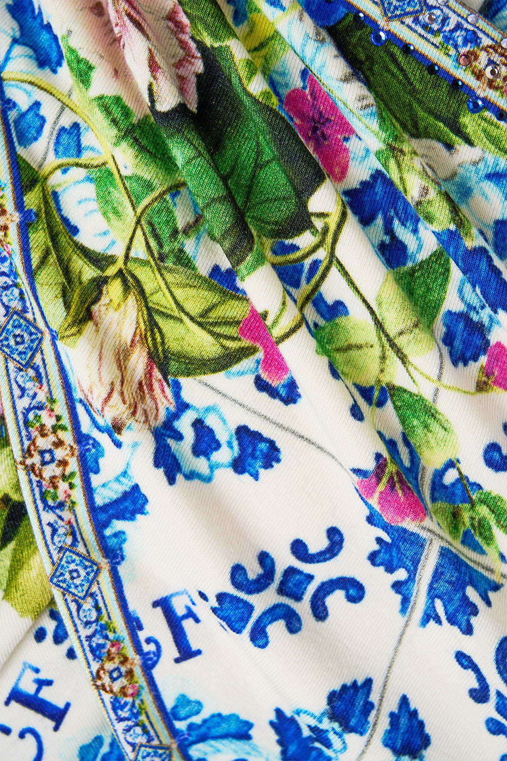 The CAMILLA SHOULDER FRILL SHORT DRESS LUSCIOUS IN LISBON in our  print.