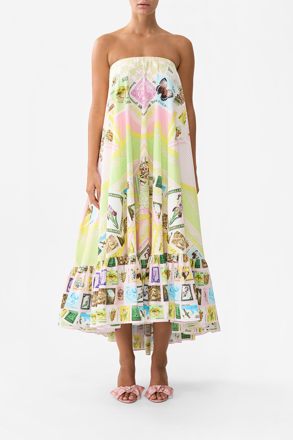 The CAMILLA ASYMMETRIC BOW TOP BOTANICAL UTOPIA in our  print.