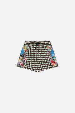 The CAMILLA Boys Mid Boardshort With Elastic Waist 4-10 in our Bathing Bombshell print.