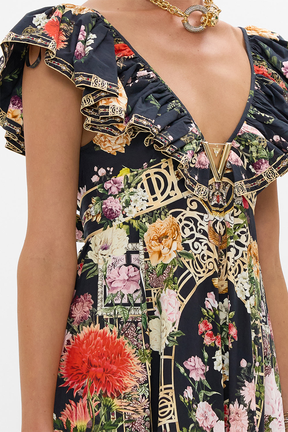 FRILL NECK DRESS WITH HARDWARE ADORNED IN ALEXANDRIA