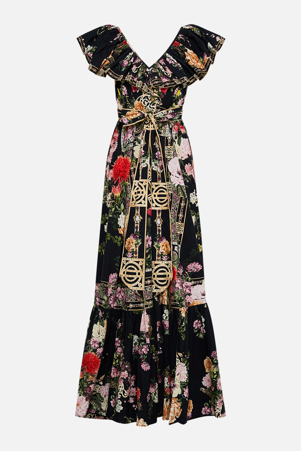 CAMILLA Frill neck dress with hardware in Adorned in Alexandria print.