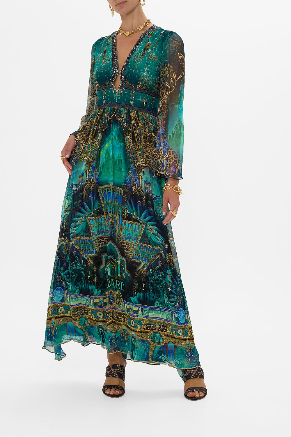 The CAMILLA LONG OFF SHOULDER FRILL DRESS WITH STRAPS WALL TO WALL WONDERS in our  print.