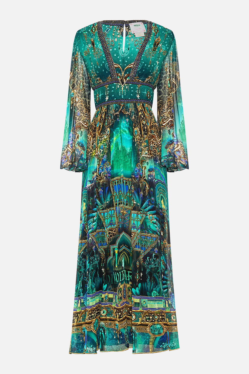 The CAMILLA LONG OFF SHOULDER FRILL DRESS WITH STRAPS WALL TO WALL WONDERS in our  print.