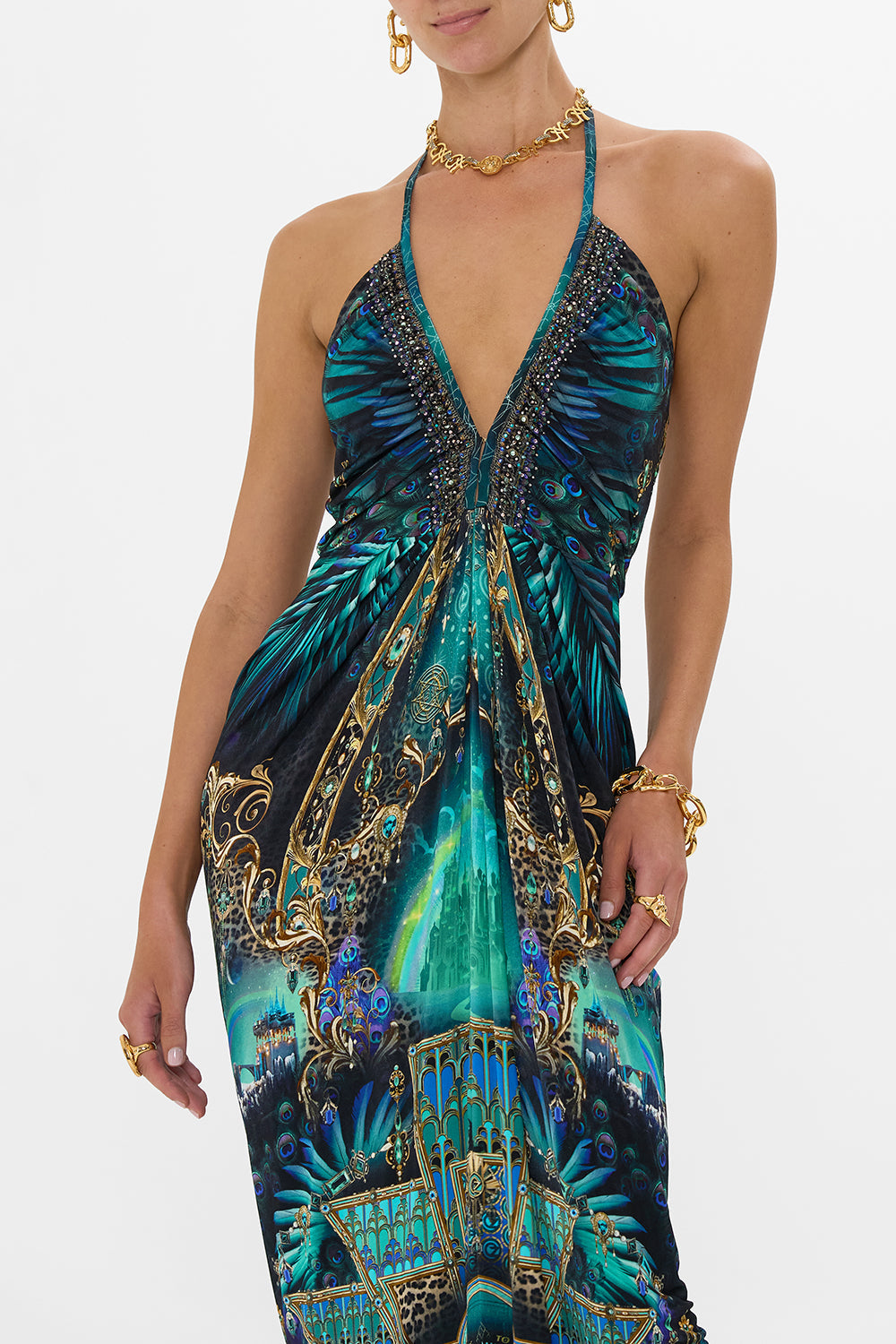 V NECK GATHERED JERSEY DRESS DEFY GRAVITY