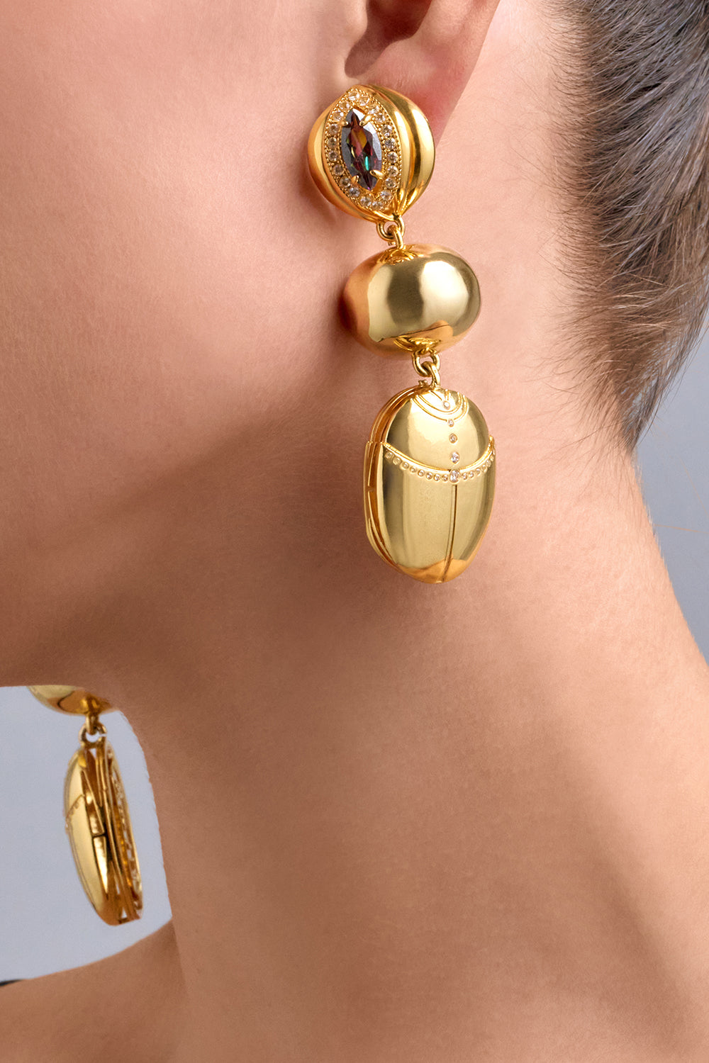 CAMILLA gold Scarab Earrings in Cosmic Cartouche printl 