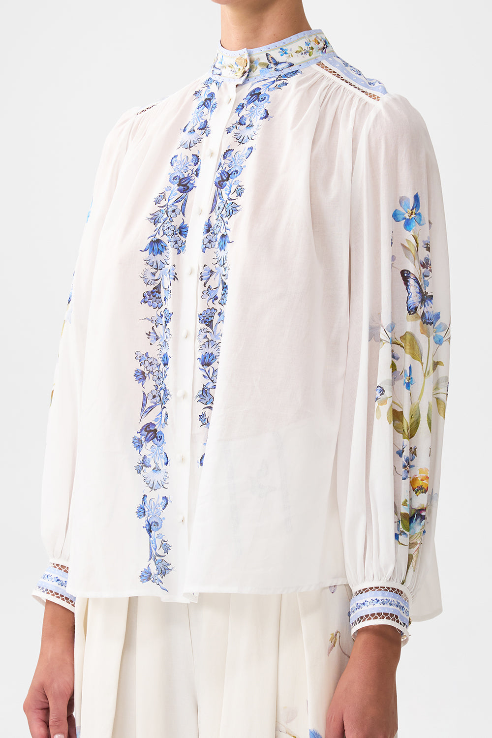 The CAMILLA high neck button through blouse from our print botanical ballads