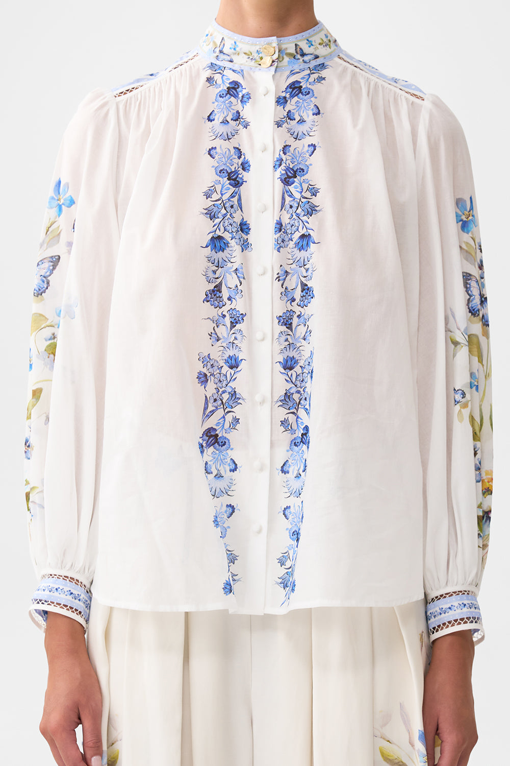 The CAMILLA high neck button through blouse from our print botanical ballads