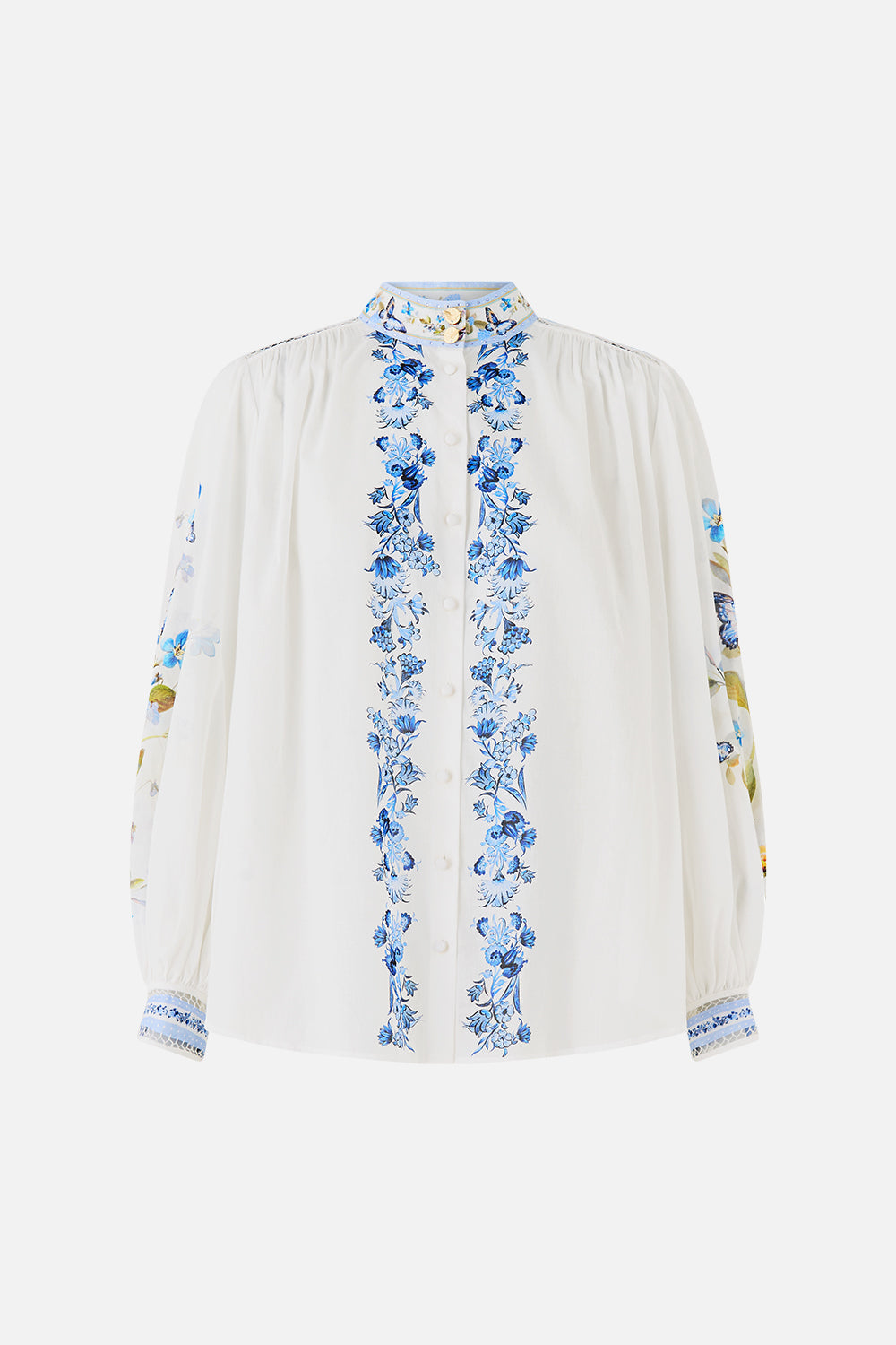 The CAMILLA high neck button through blouse from our print botanical ballads, front product view