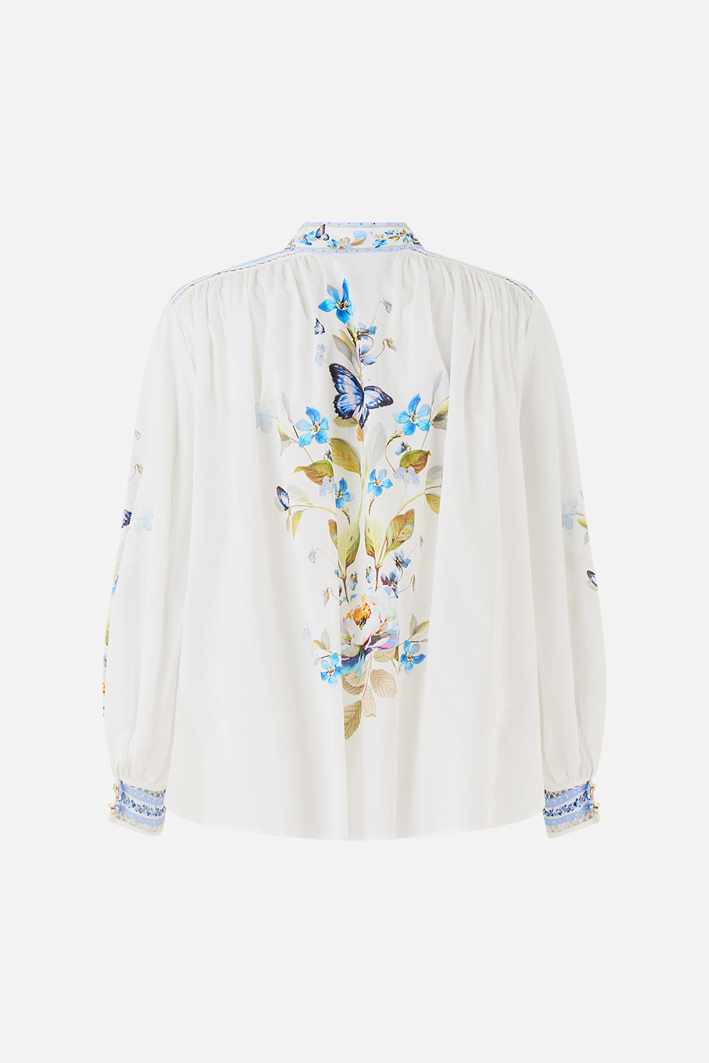 The CAMILLA high neck button through blouse from our print botanical ballads, back product view