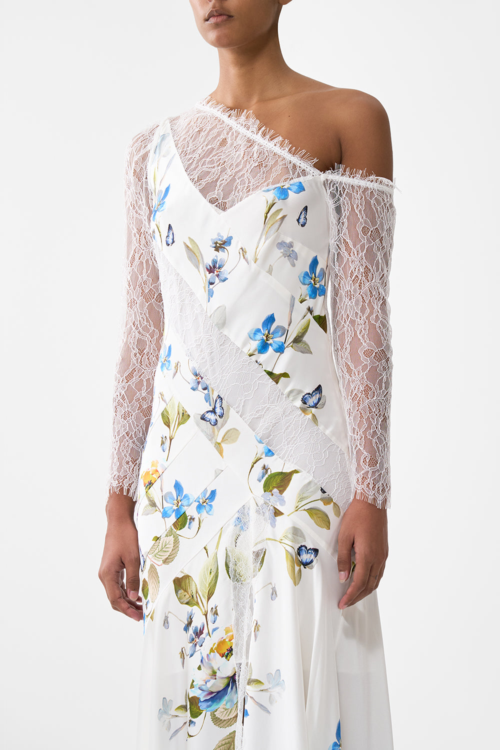 LACE SPLICE ONE SHOULDER DRESS BOTANICAL BALLADS