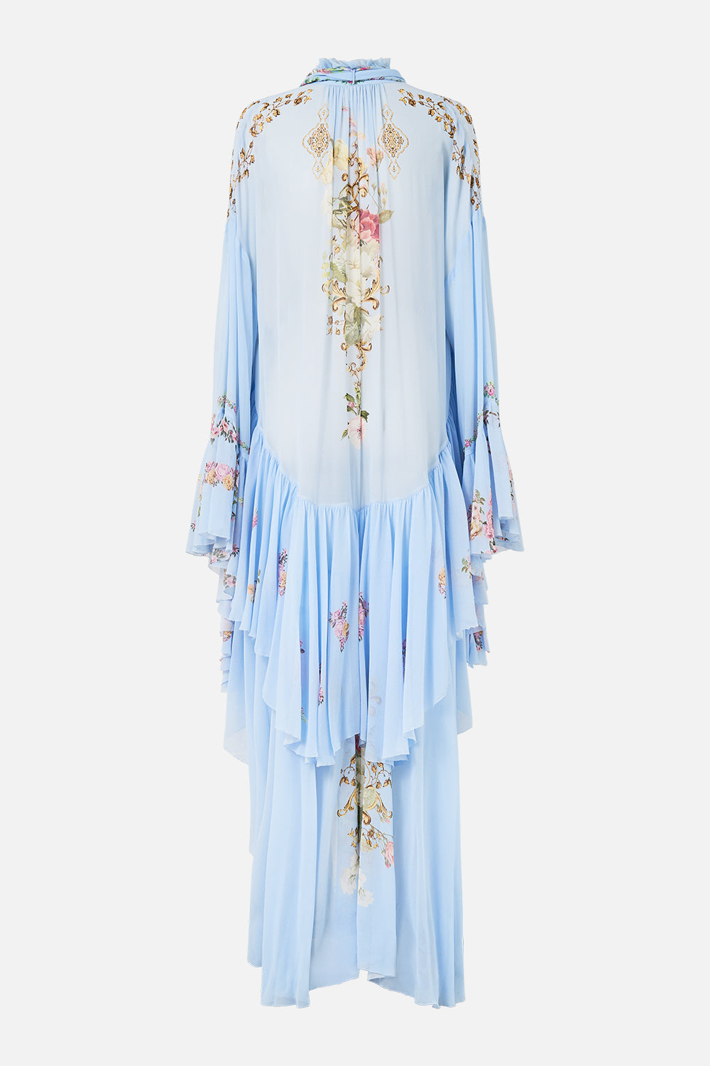 The CAMILLA ruffle high low dress with long sleeve from our print tiled in time, back product view